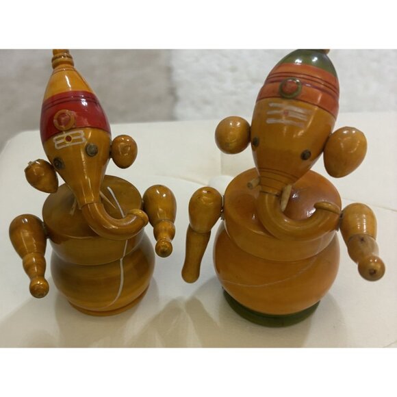 Wooden Indian Elephant Ganesha Set Of 2 Handcrafted Wooden Ganapathi - Picture 3 of 14